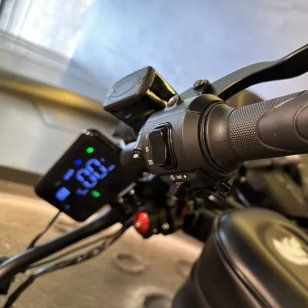 Closeup of motorcycle handlebars with controls.