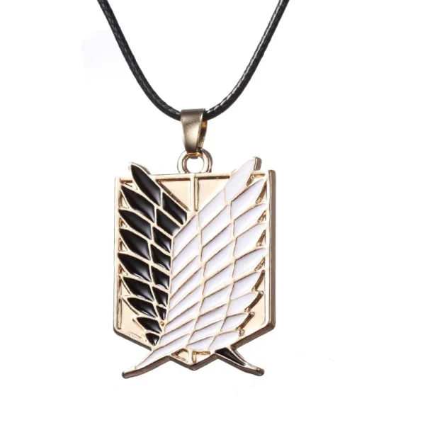 Gold winged pendant on a black cord.