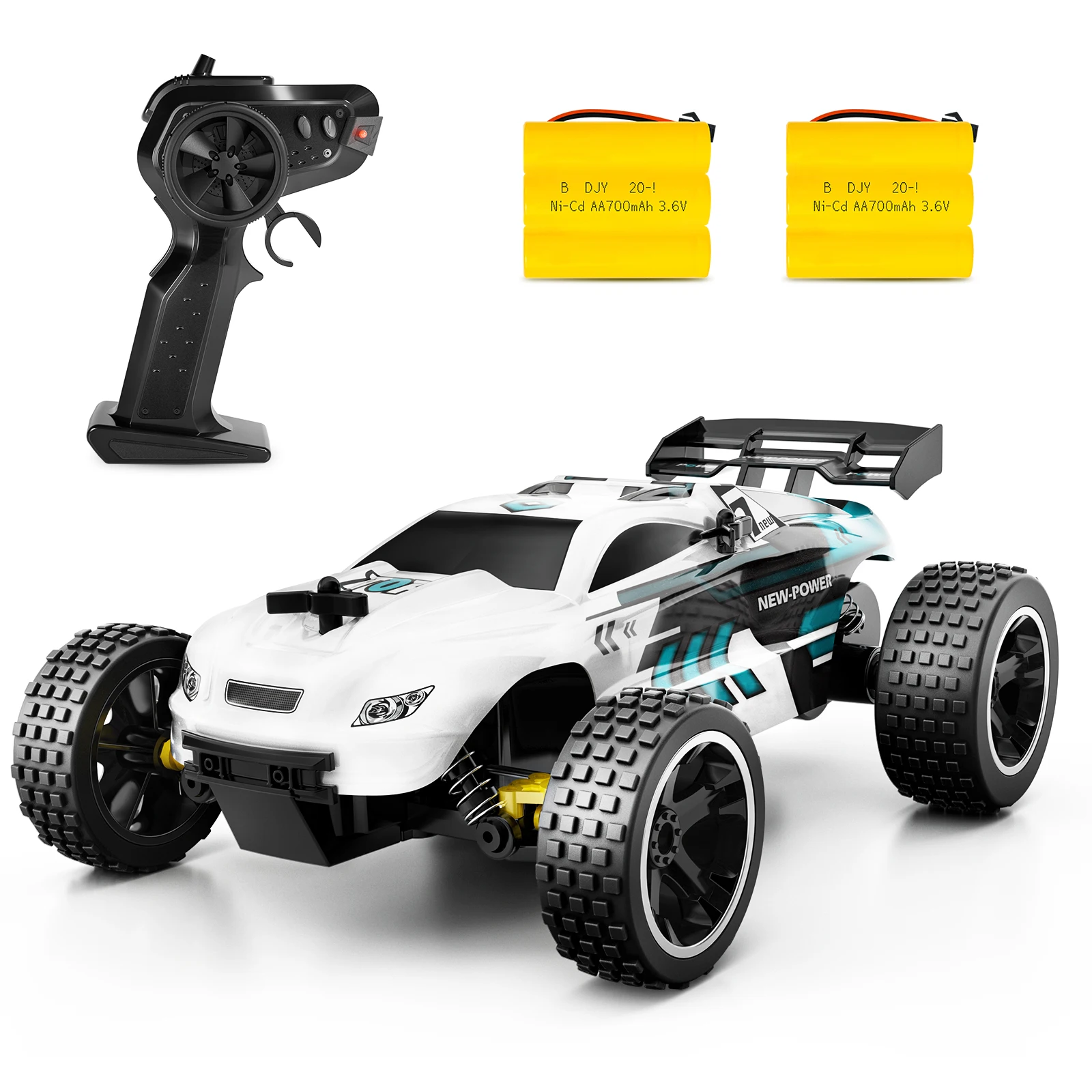 White remote control car with black wheels.