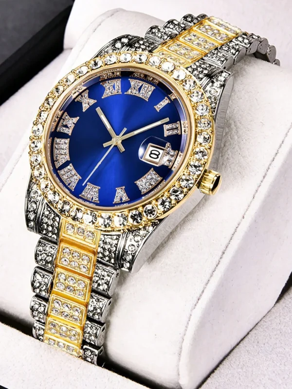 Gold and diamond wristwatch with blue face.