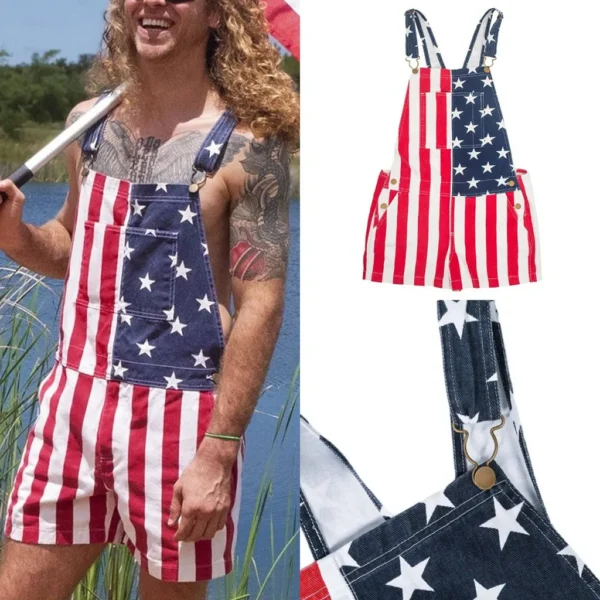 Summer American Flag Men's Jumpsuits Star Printed Women's Jeans Overalls Casual Light Weight Surpender Shorts Trousers