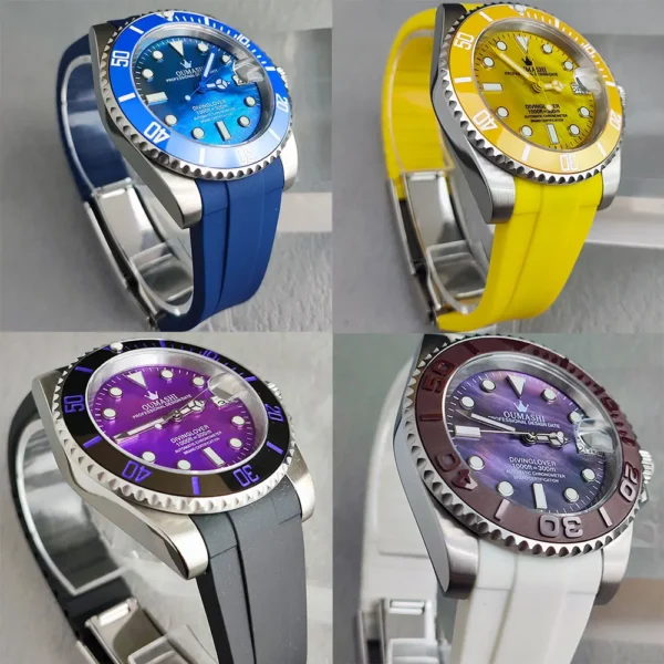 Four colorful wristwatches with different straps.