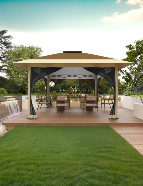 Tan canopy gazebo with chairs on patio.