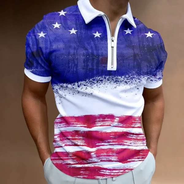 Fashion Men's Clothes Polo Shirts Street American Flag Print Casual Short Sleeve Tee Shirt Men Turn-Down Collar Zipper Polo Tops - Image 6