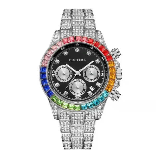 Silver chronograph watch with rainbow gems.