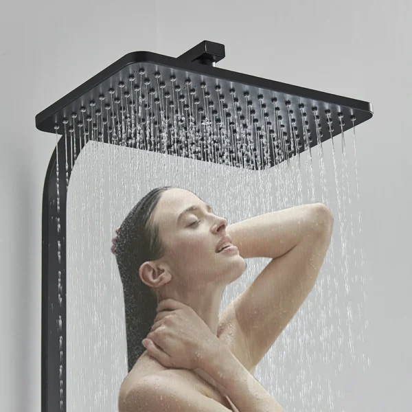 Woman showering with a black shower head.