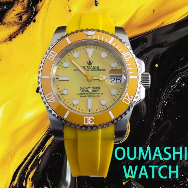 Yellow Oumashai diving watch with rubber strap.