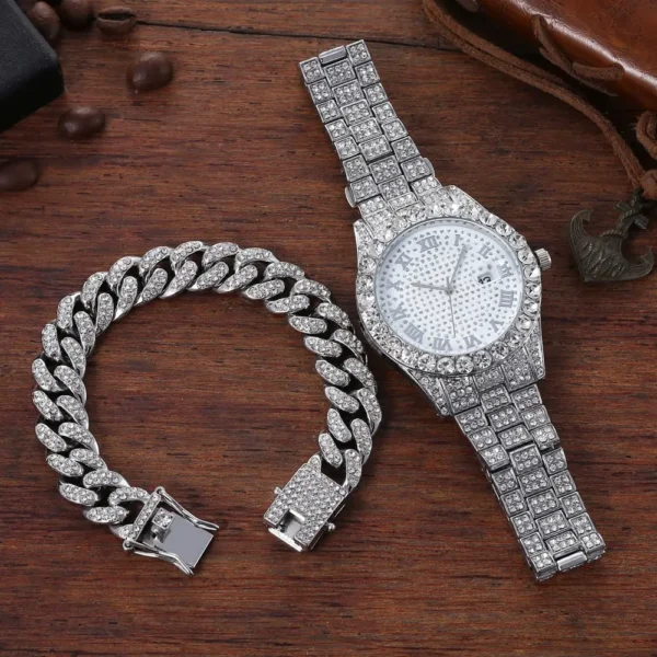 Diamond watch and bracelet set on wood.