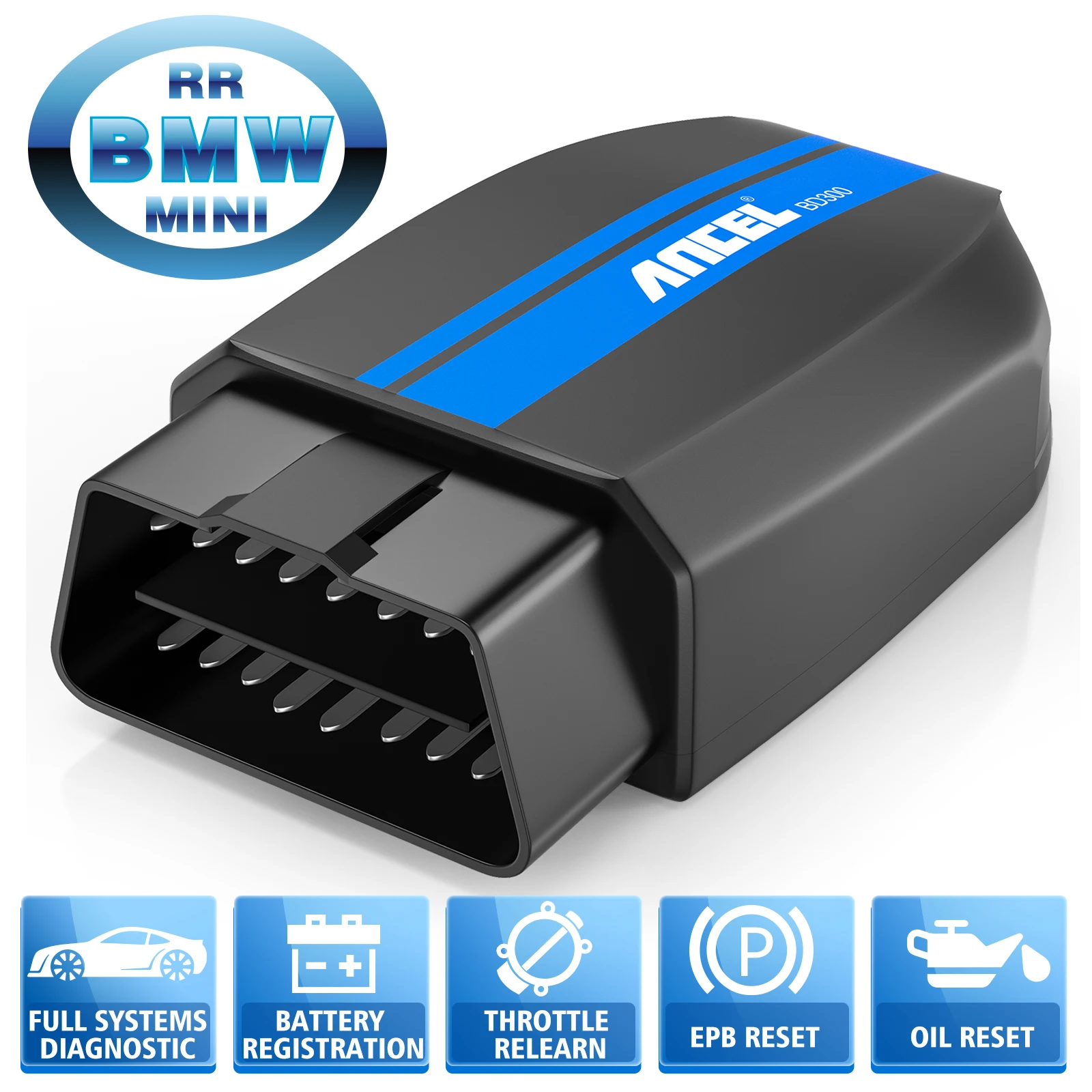 Black car diagnostic tool with blue stripes.