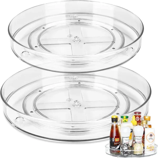 Clear plastic lazy susan with bottles.