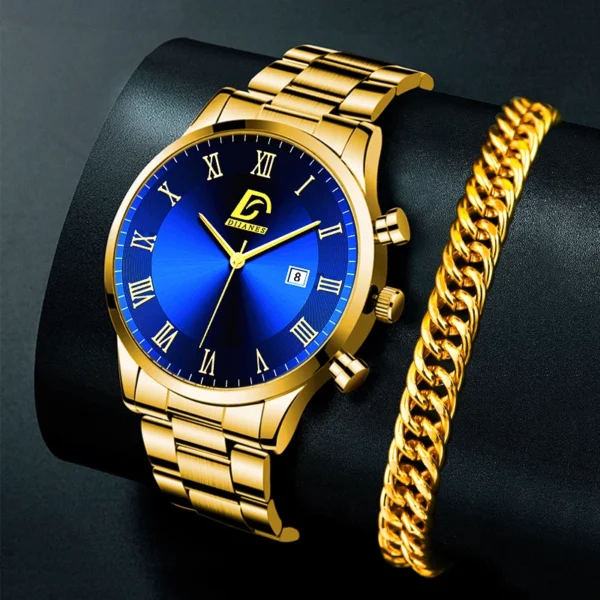 Gold watch with blue face and chain bracelet.