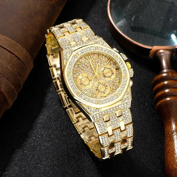 Gold watch with diamond-encrusted band.