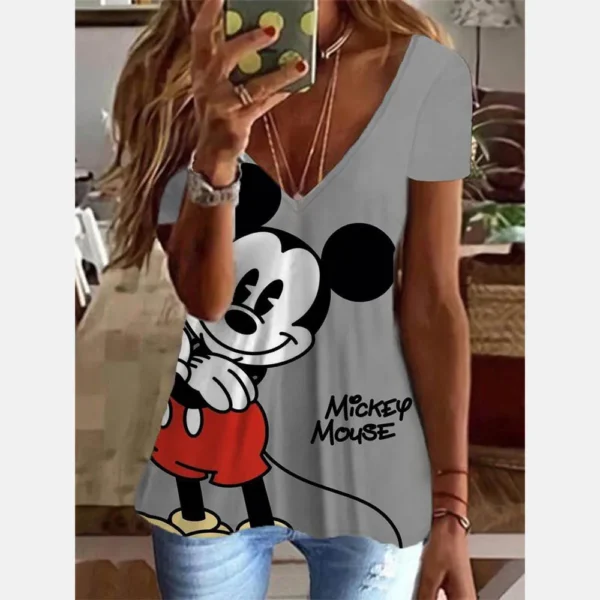 Women's Mickey Mouse Print V-neck T-shirt Tank Top Women's Summer Casual Basic Elastic Tank Top Fashion Women's T-shirt Tunic To - Image 4