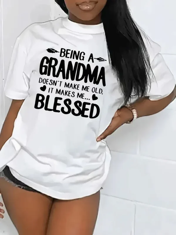 Blessed Grandma Print T-Shirt, Short Sleeve Crew Neck Casual Top For Spring & Summer, Women's Clothing