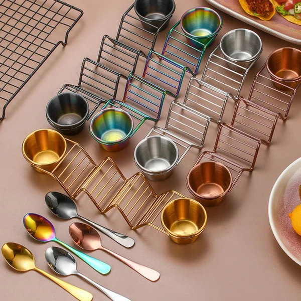 Metal condiment holder with colorful bowls.