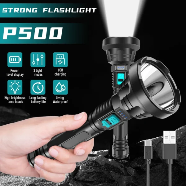 Black rechargeable flashlight with USB charging cable.