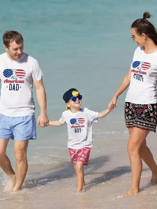 July 4th Family T-Shirt Patriotic Graphic Printed Short Sleeve T-Shirt Mom Dad Girl Boy Parent-Child Holiday Clothing - Image 2