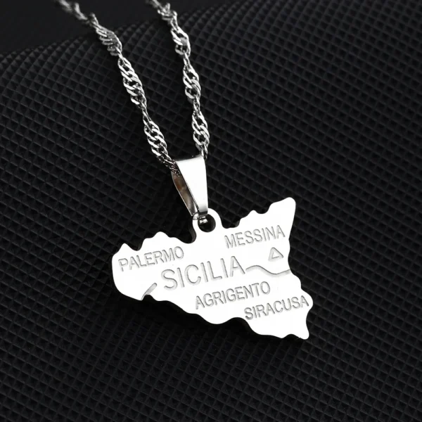 Silver necklace with Sicily map pendant.