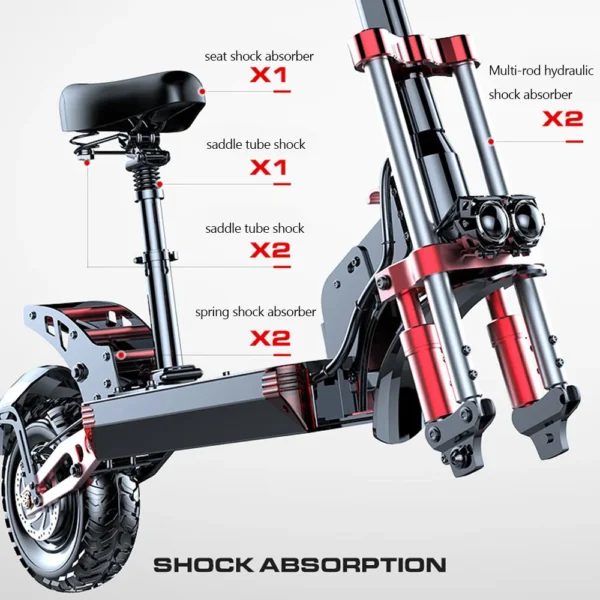 Electric scooter with shock absorbers.