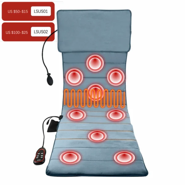 Blue heated massage mat with remote control.