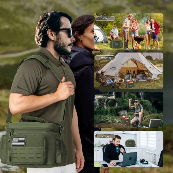 Man carrying a green insulated lunch bag.