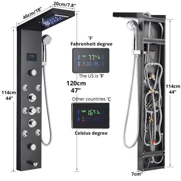 Black shower system with multiple showerheads.