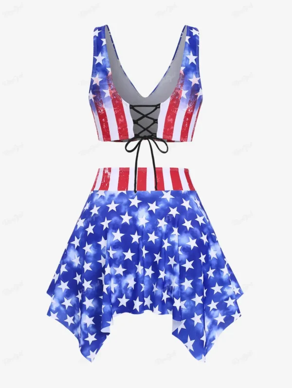 ROSEGAL Plus Size Women's Three Pieces Swimsuit High Waist Twist Patriotic American Flag Print Skirted Bottom Tankini Swimwears - Image 2