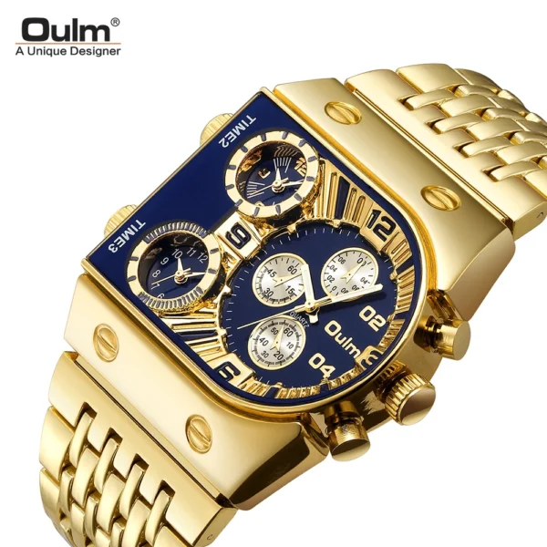 Gold watch with blue face and chronograph dials.