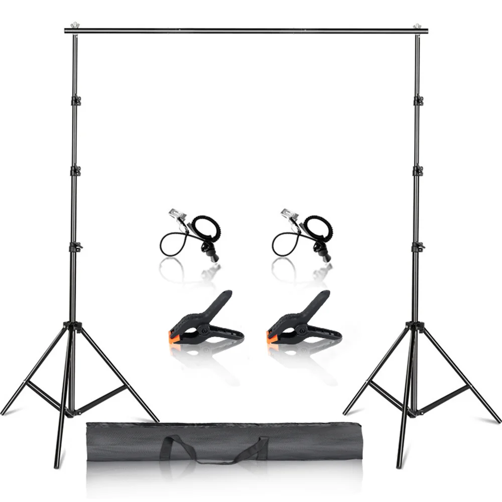 Black photography backdrop stand with clamps.