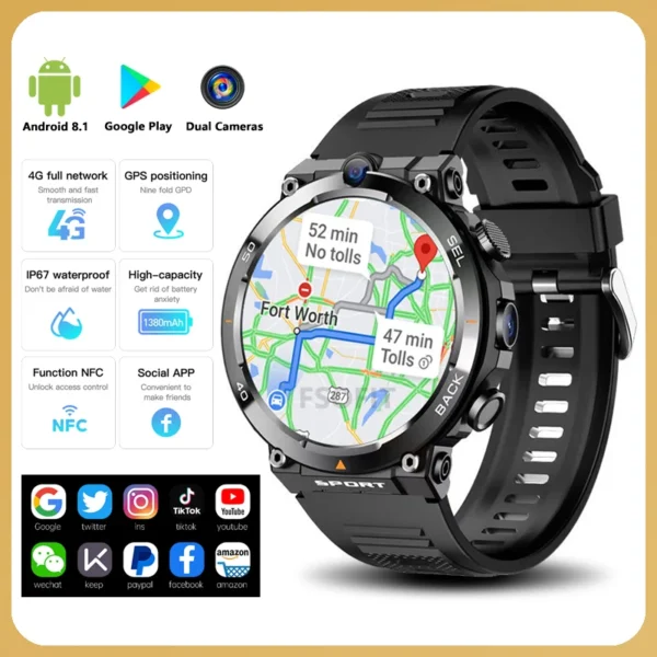 Black smart watch with GPS map display.