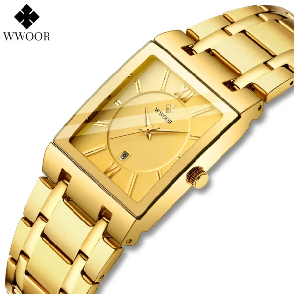 Gold square analog wristwatch with WWOOOR logo.