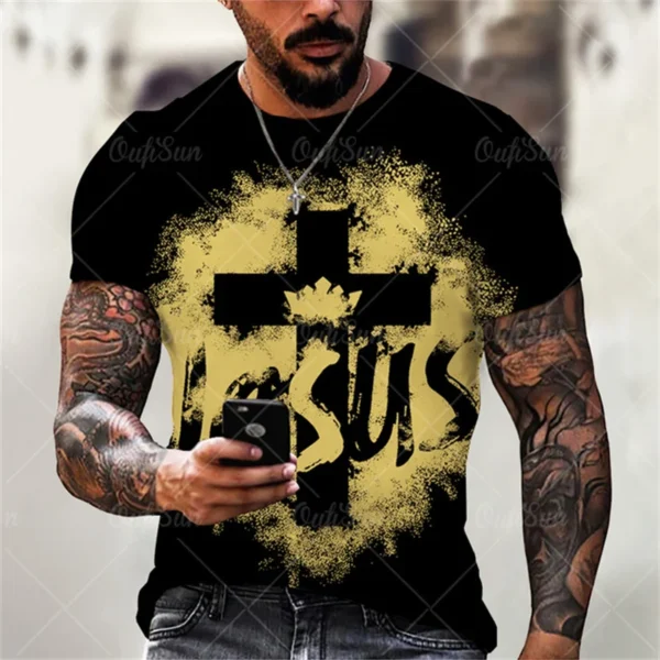 T-shirts For Men Cross Graphic Jesus Christ 3d Print Men's Tshirt Retro Classic Short-sleeved Loose Personality Oversized Tops - Image 3