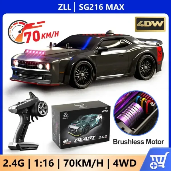 Black 1:16 scale 4WD RC car with remote.