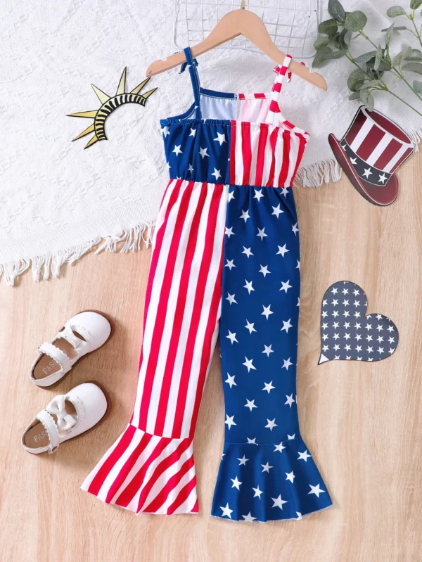 Girls' Summer New Children's Pants Spliced Suspender Jumpsuits, American Independence Day Pentagram Red Striped Flared Pants - Image 2