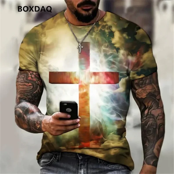 Summer Men's T-Shirts God Religion Christ Jesus Cross 3D Print Hip Hop Male Tee Loose Short Sleeve Streetwear Oversized Tops - Image 3