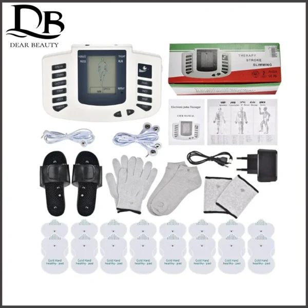 EMS Unit Physiotherapy Massager Set Muscle Relax Stimulator Digital Therapy Machine 16 Patches Slippers Gloves Wristband Socks