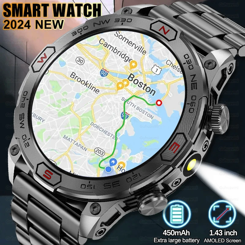 Black smartwatch with Boston map display.