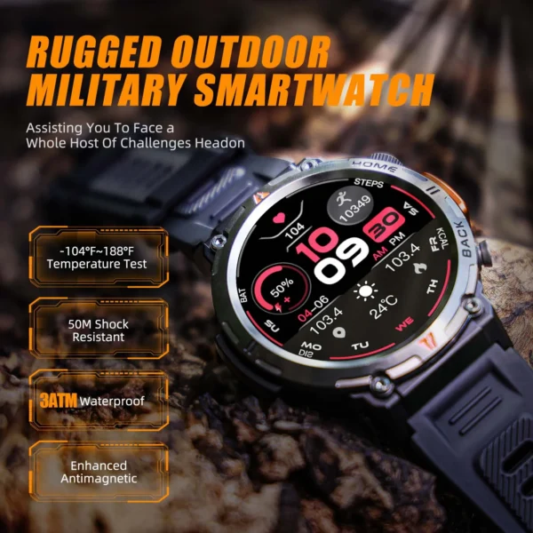 Black rugged military smartwatch with display.