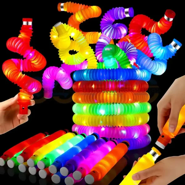 Colorful light-up toys in various shapes.