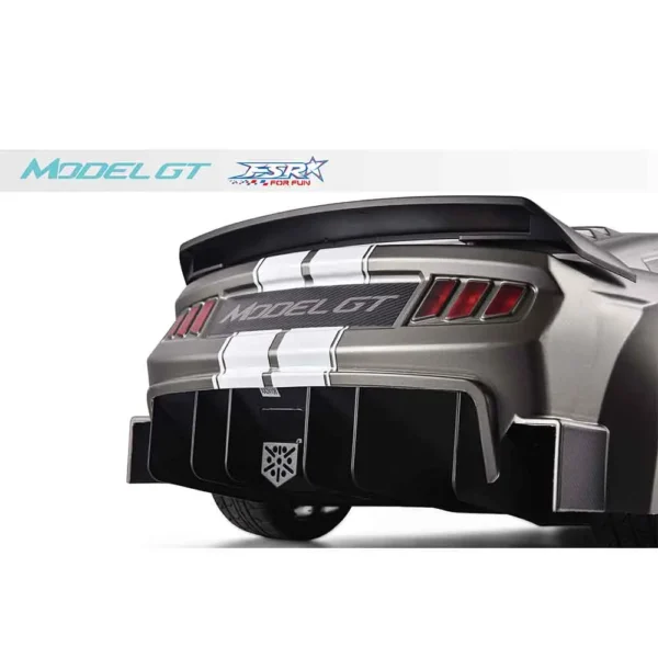 Grey sports car rear view with stripes.