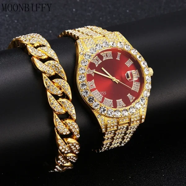 Gold watch and chain with diamonds.