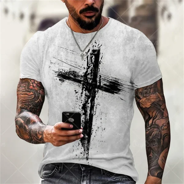 T-shirts For Men Cross Graphic Jesus Christ 3d Print Men's Tshirt Retro Classic Short-sleeved Loose Personality Oversized Tops