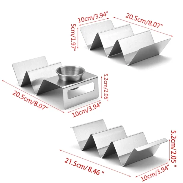 Stainless steel taco holder with dip bowl.