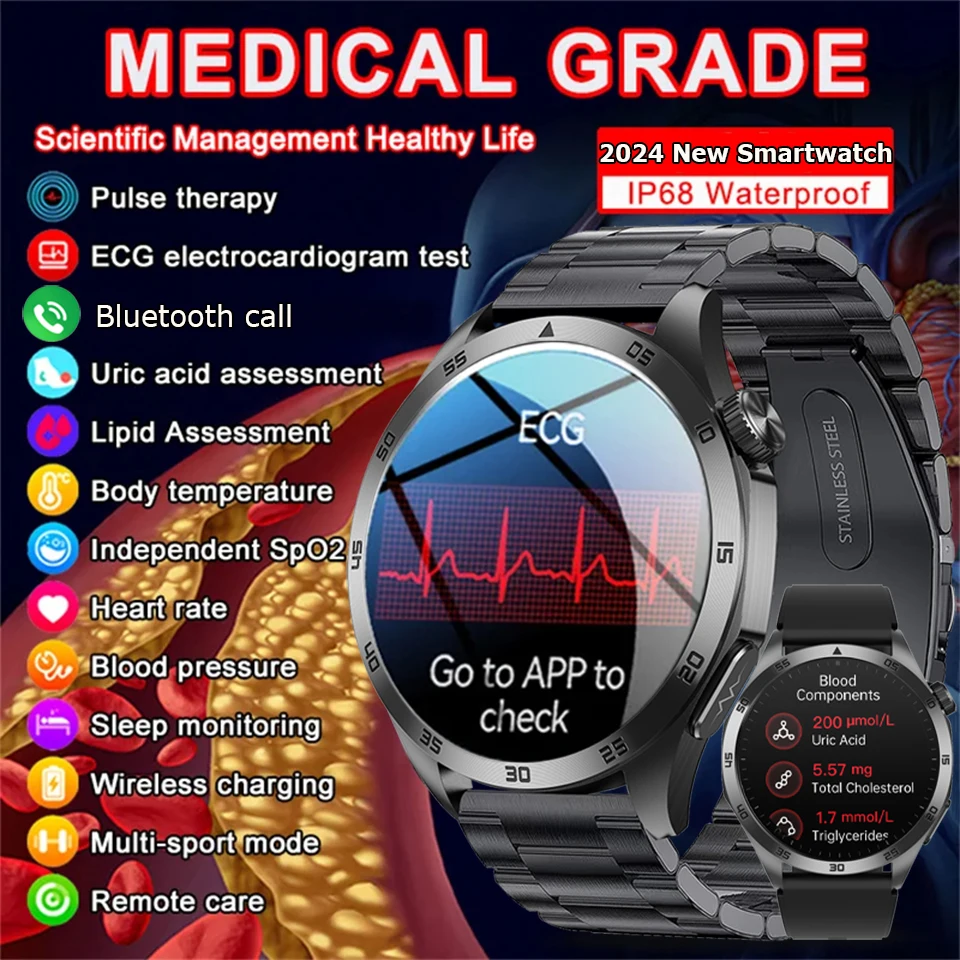 Black medical grade smartwatch with ECG feature.