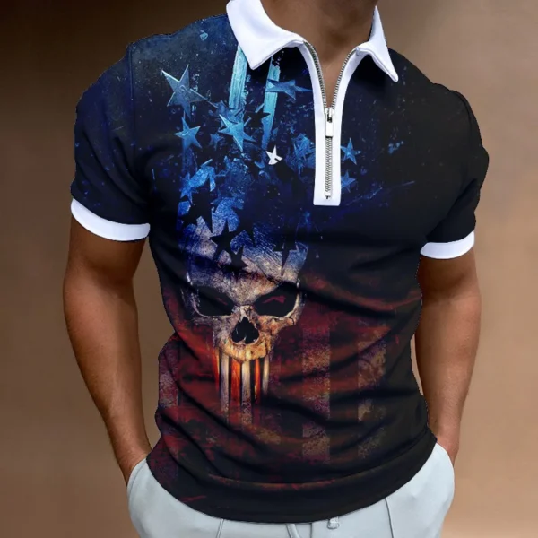 Fashion Men's Clothes Polo Shirts Street American Flag Print Casual Short Sleeve Tee Shirt Men Turn-Down Collar Zipper Polo Tops - Image 4