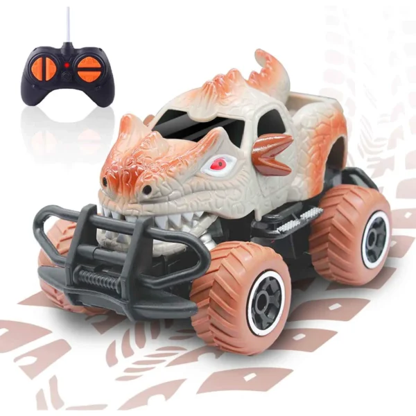 Remote control monster truck with dinosaur design.