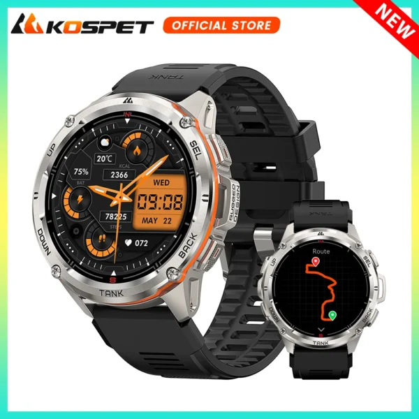 Silver and orange smart watch with map display.