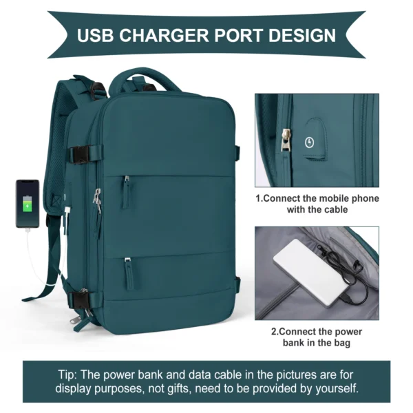 Teal backpack with USB charging port design.