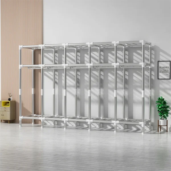 Metal shelving unit with white accents.