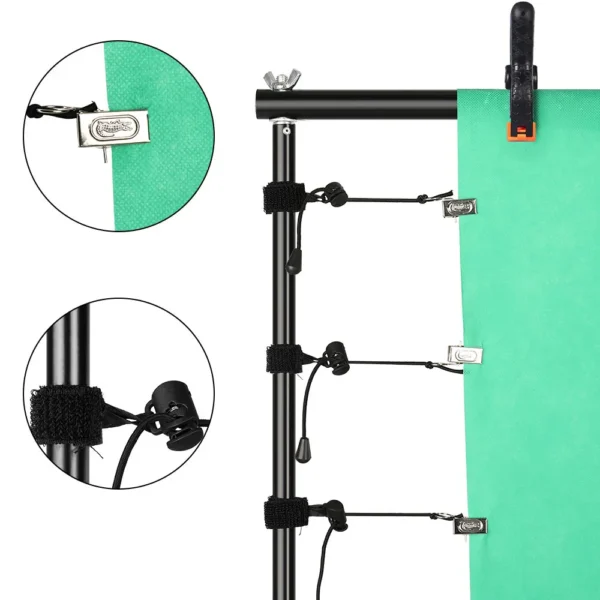 Green backdrop stand with clips and straps.